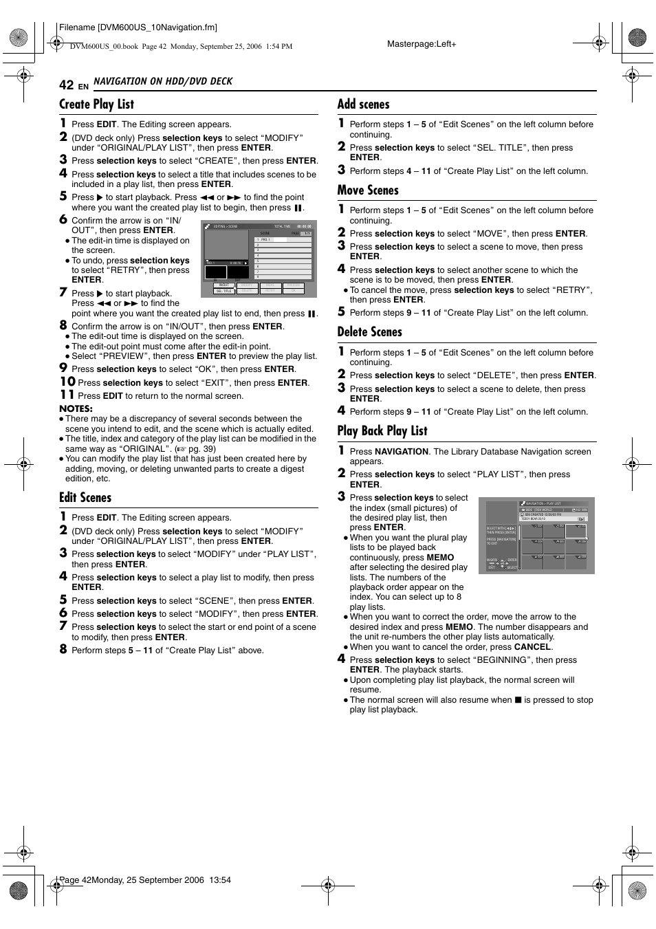 Create play list, Edit scenes, Add scenes | Move scenes, Delete scenes, Play back play list, Navigation on hdd/dvd deck | JVC SR- DVM600U User Manual | Page 42 / 72
