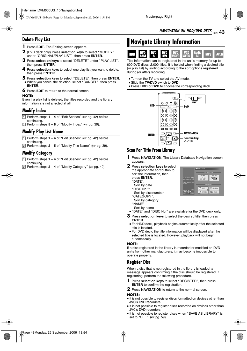 Delete play list, Modify index, Modify play list name | Modify category, Navigate library information, Scan for title from library, Register disc | JVC SR- DVM600U User Manual | Page 43 / 72