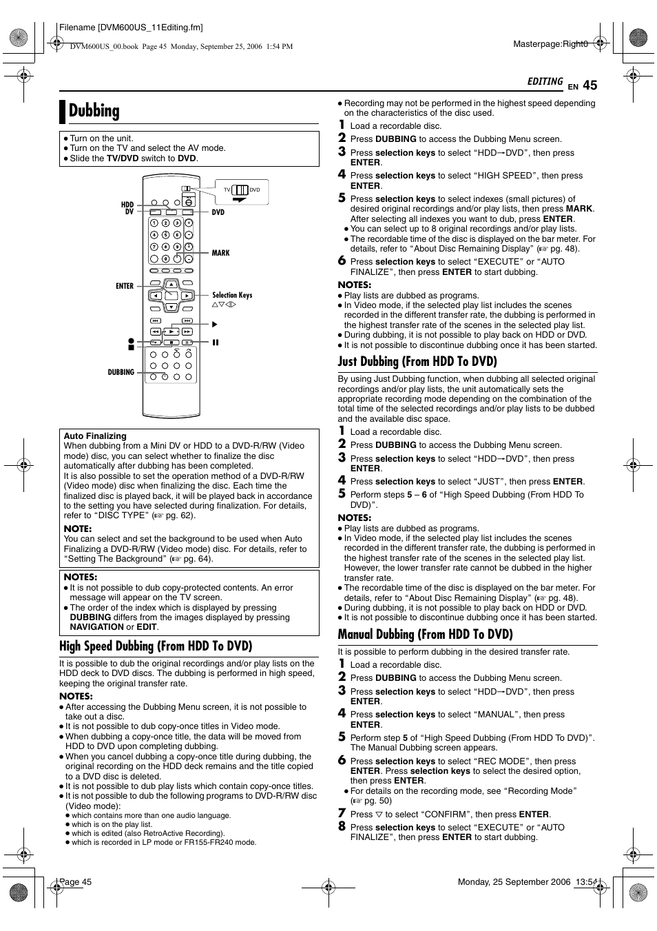 Editing, Dubbing, High speed dubbing (from hdd to dvd) | Just dubbing (from hdd to dvd), Manual dubbing (from hdd to dvd), Bing), A pg. 45, A pg. 45) | JVC SR- DVM600U User Manual | Page 45 / 72