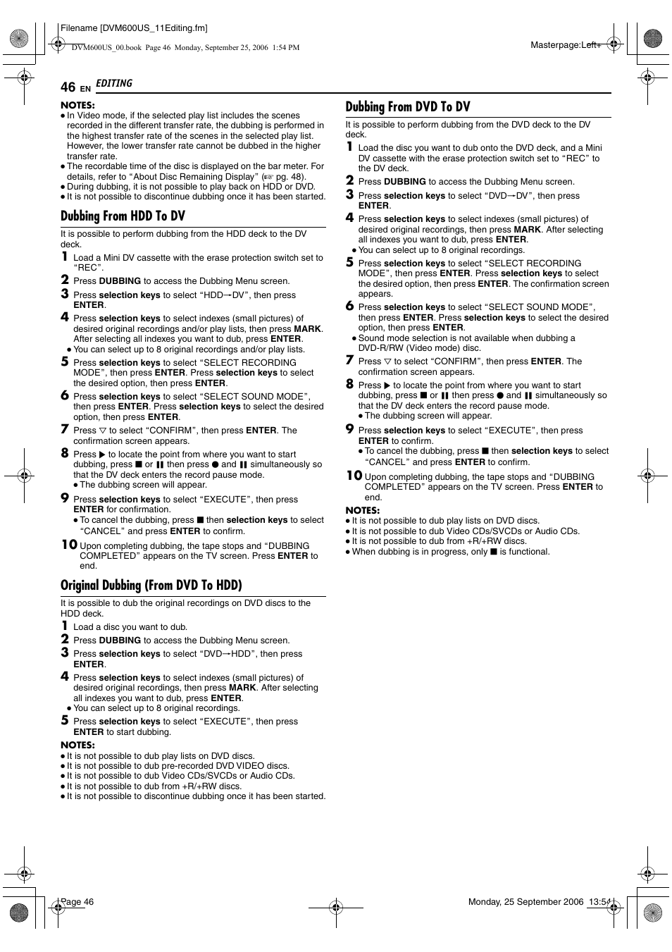 Dubbing from hdd to dv, Original dubbing (from dvd to hdd), Dubbing from dvd to dv | JVC SR- DVM600U User Manual | Page 46 / 72