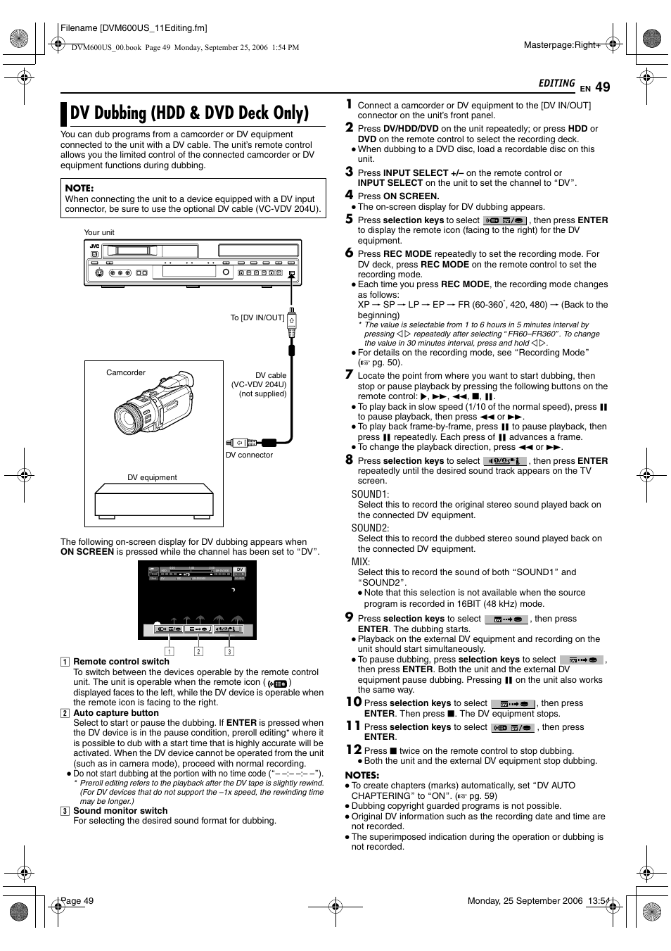 Dv dubbing (hdd & dvd deck only), A pg. 49, Select) | A pg. 49, 51, A pg. 49, 5, A pg. 49, adv dubbing (hdd & dvd, Deck only), A pg. 49), Editing | JVC SR- DVM600U User Manual | Page 49 / 72