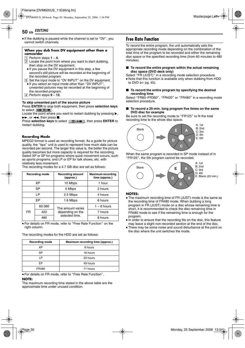 Free rate function, A pg. 50, Arecording modeb | A pg. 50) | JVC SR- DVM600U User Manual | Page 50 / 72