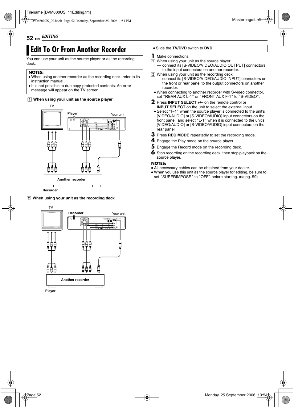 Edit to or from another recorder, S (l-1), A pg. 52 | JVC SR- DVM600U User Manual | Page 52 / 72
