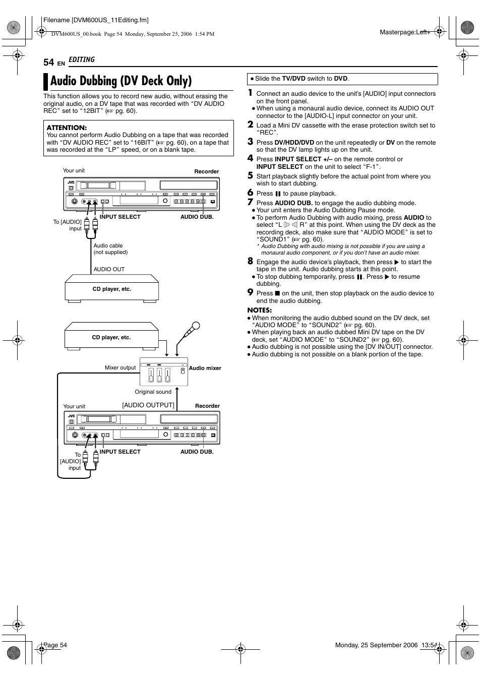 Audio dubbing (dv deck only), A pg. 54 | JVC SR- DVM600U User Manual | Page 54 / 72