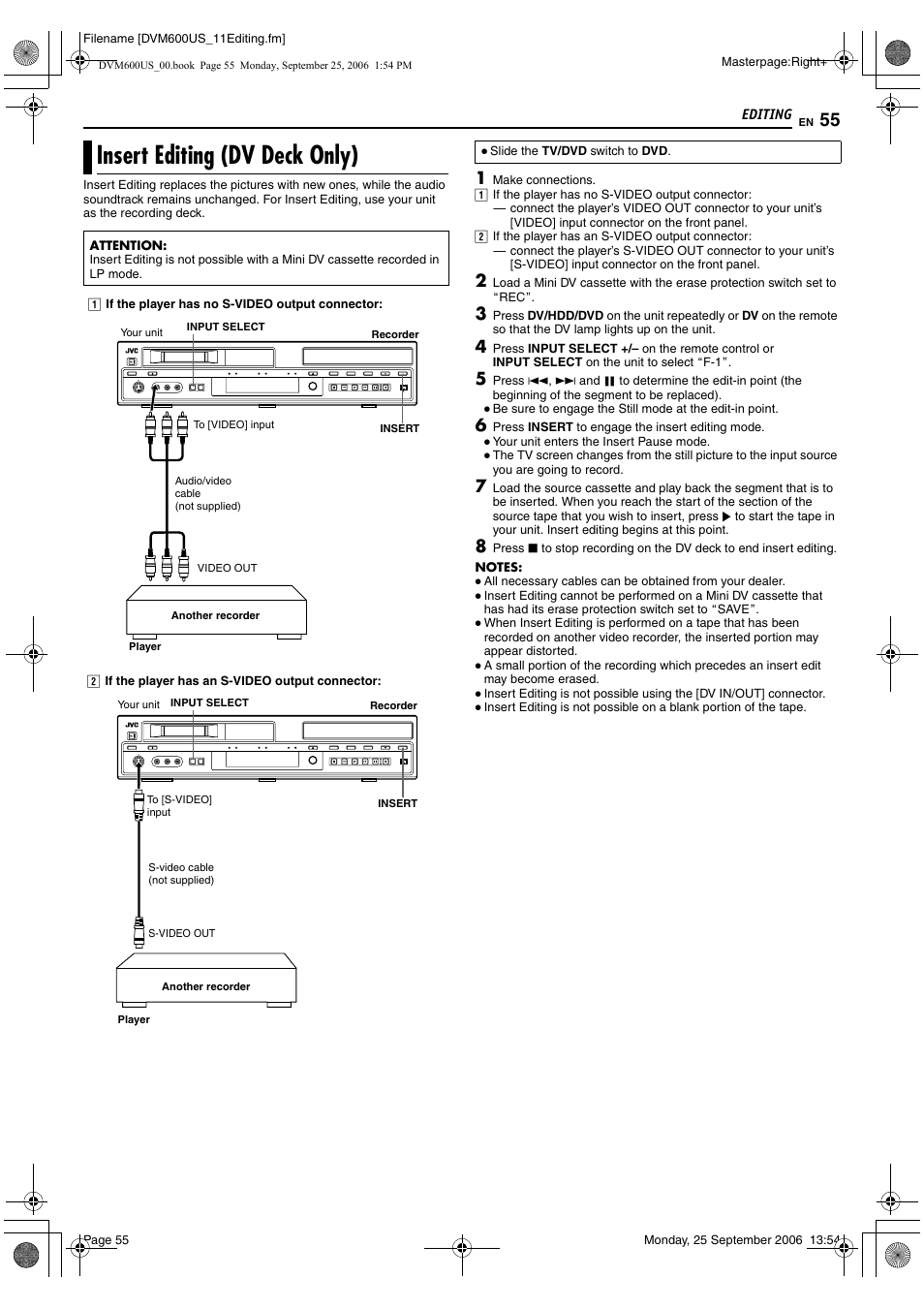 Insert editing (dv deck only), A pg. 55 | JVC SR- DVM600U User Manual | Page 55 / 72