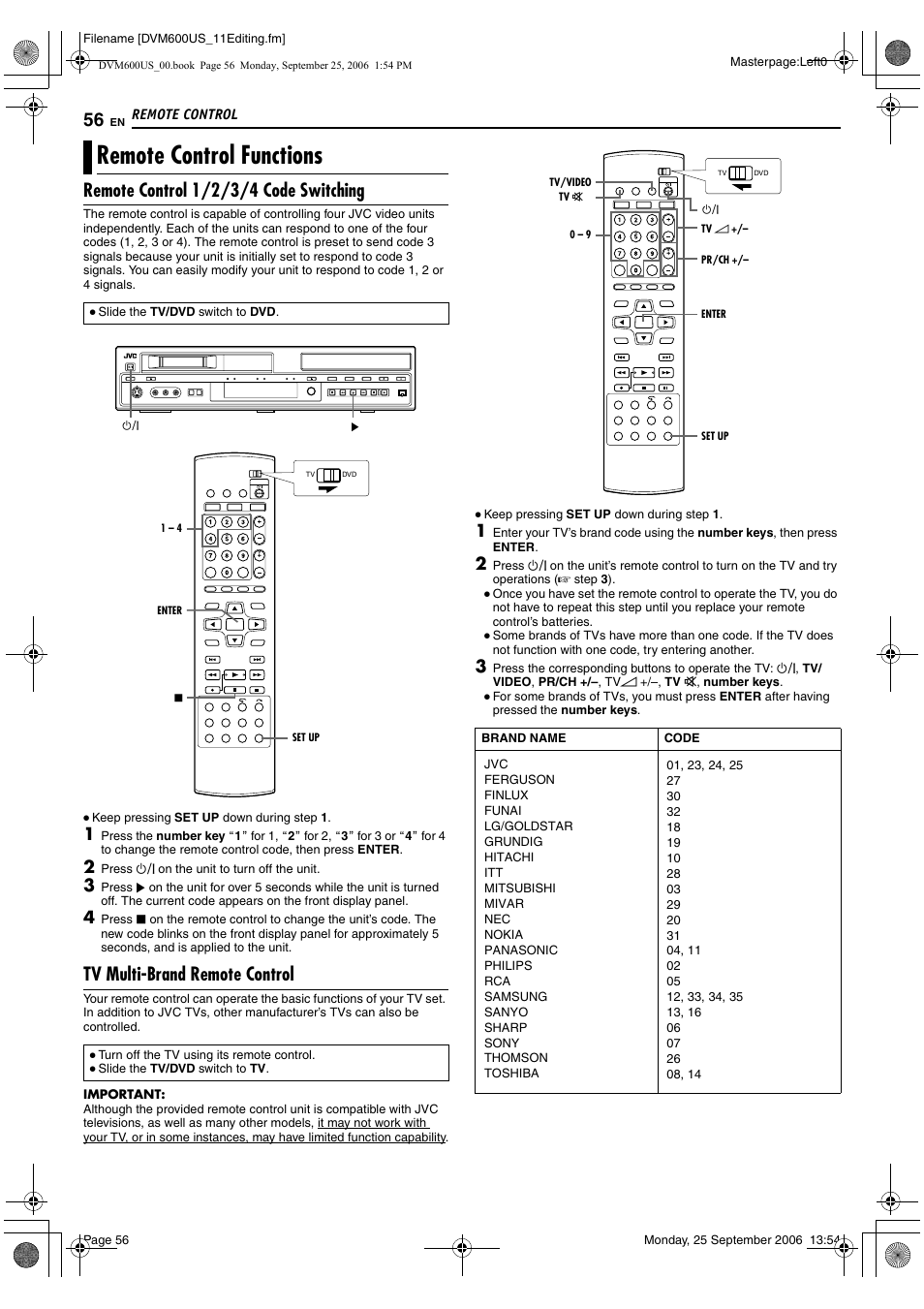 Remote control, Remote control functions, Remote control 1/2/3/4 code switching | Tv multi-brand remote control, A pg. 56, A pg. 56) | JVC SR- DVM600U User Manual | Page 56 / 72