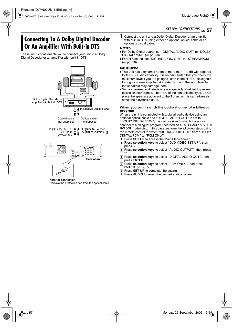 System connections, Connecting to a dolby digital decoder or, An amplifier with built-in dts | JVC SR- DVM600U User Manual | Page 57 / 72