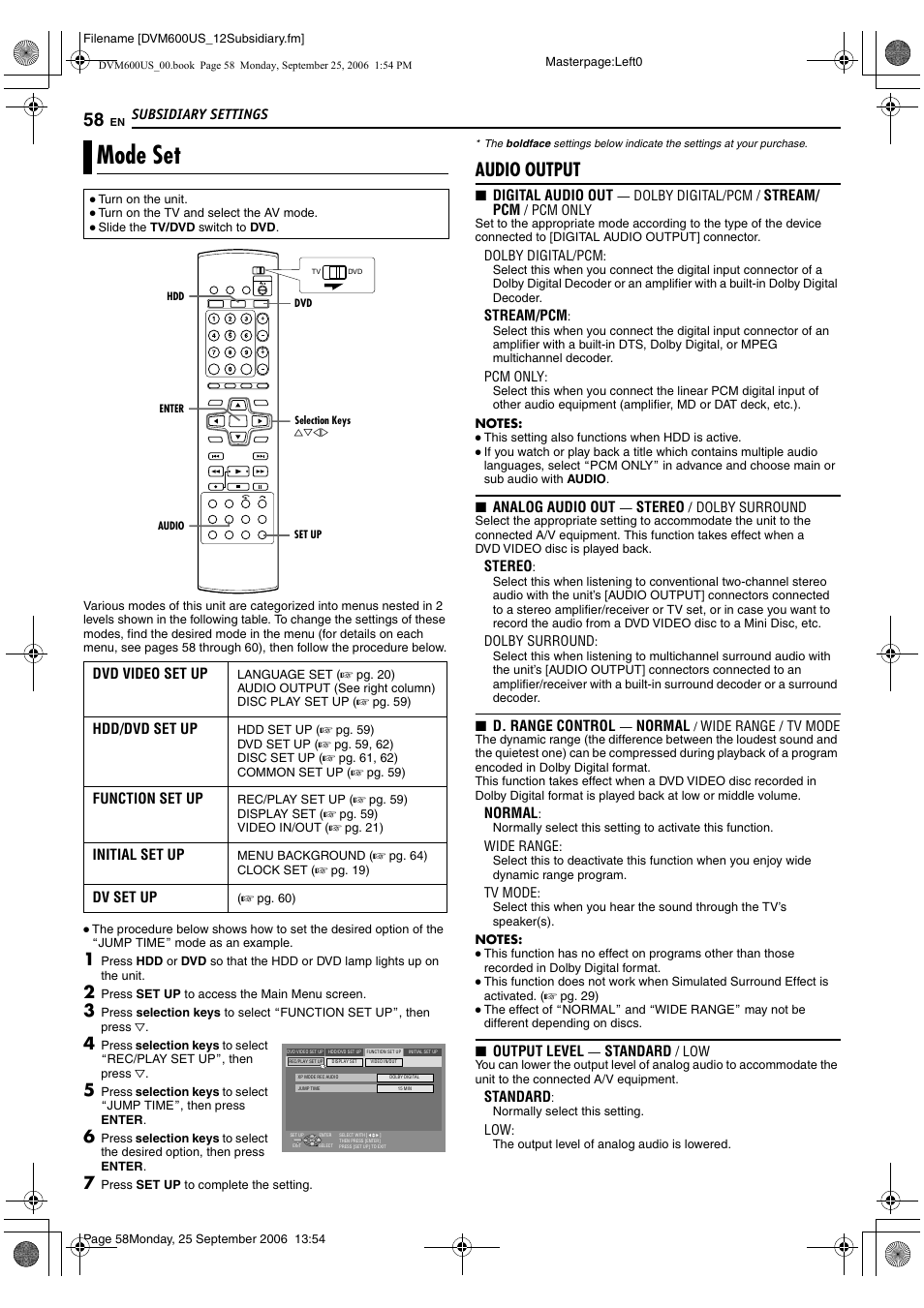 Subsidiary settings, Mode set, A pg. 58) | Audio output | JVC SR- DVM600U User Manual | Page 58 / 72
