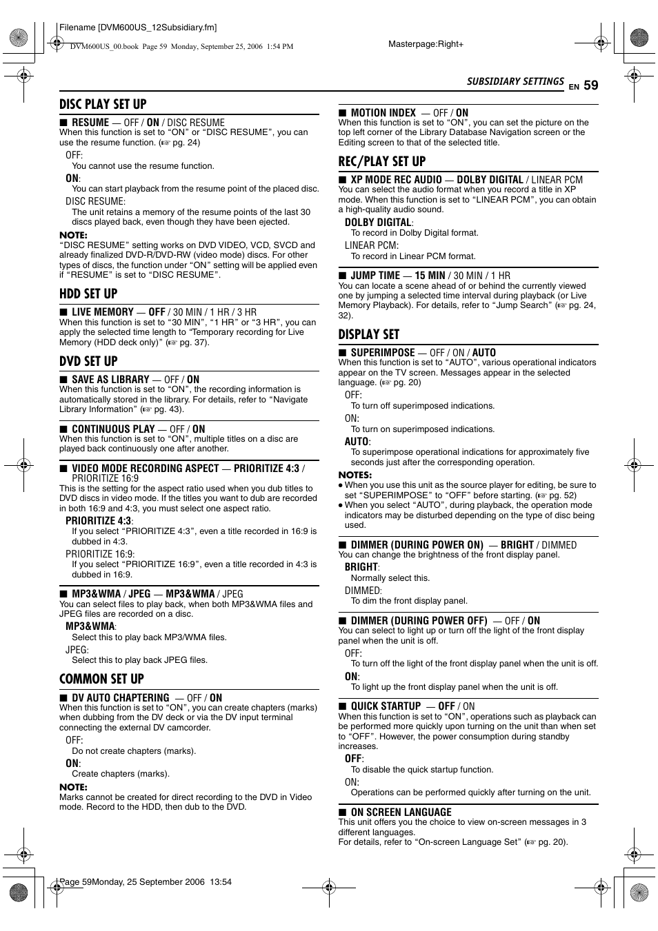 A pg. 59) f, A pg. 59), Pg. 59) | Anged (a pg. 59), Set up, D set up, A pg. 59, 62), Common set up, Disc play set up, Hdd set up | JVC SR- DVM600U User Manual | Page 59 / 72