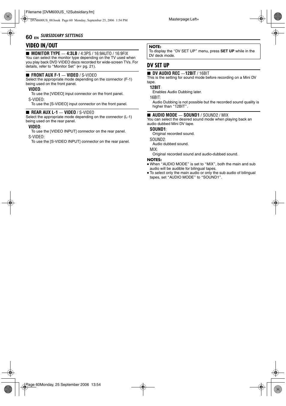 A pg. 60, R being used, A pg. 60) | A pg. 60), o, Video in/out, Dv set up | JVC SR- DVM600U User Manual | Page 60 / 72