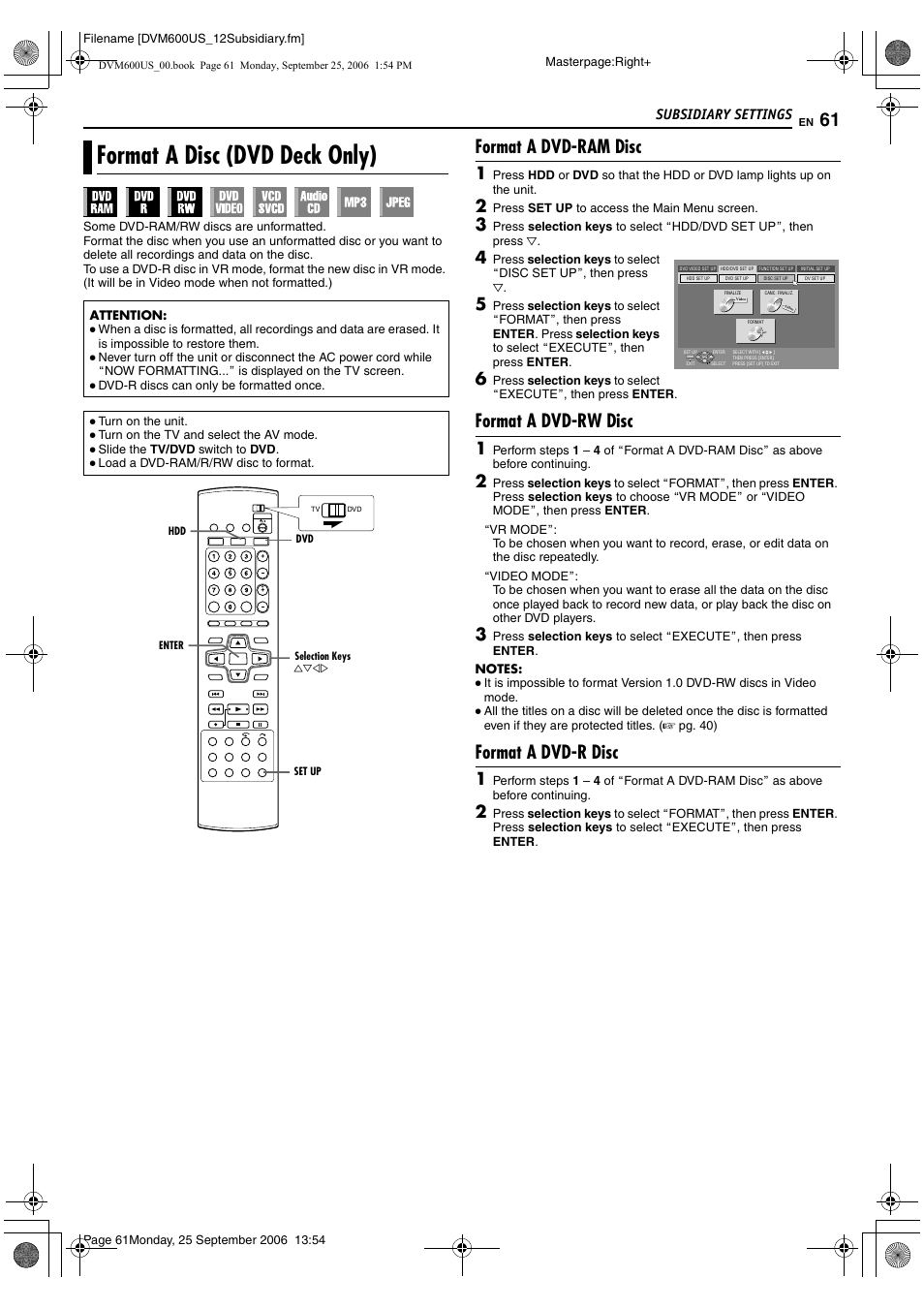 Format a disc (dvd deck only), Format a dvd-ram disc, Format a dvd-rw disc | Format a dvd-r disc, A pg. 61, Disc set up, A pg. 61, 62), Subsidiary settings | JVC SR- DVM600U User Manual | Page 61 / 72