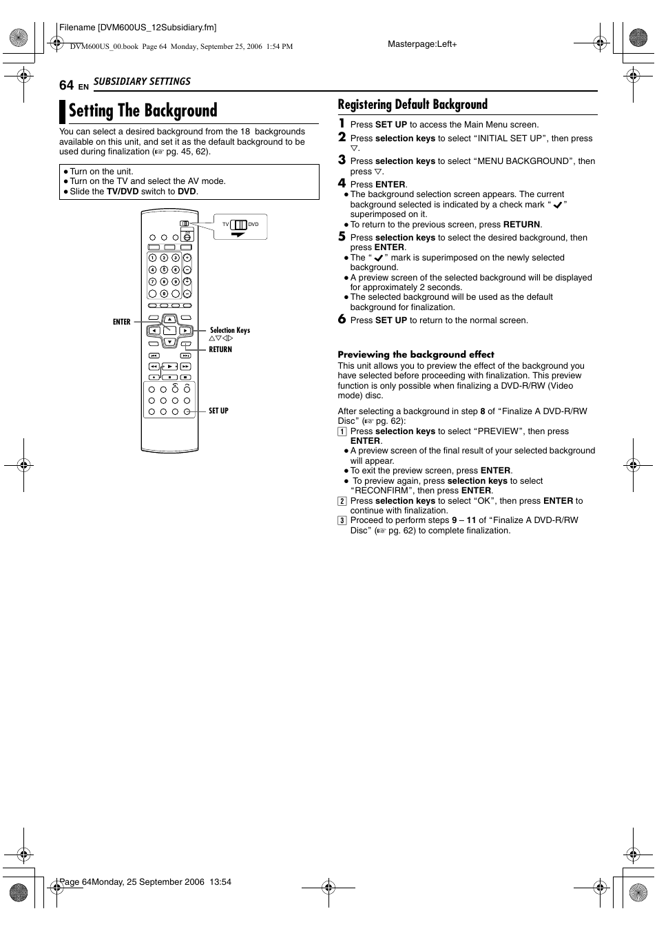 Setting the background, Registering default background, Asetting the backgroundb (a pg. 64) | A pg. 64), Apreviewing the background, Effect, B (a pg. 64) | JVC SR- DVM600U User Manual | Page 64 / 72