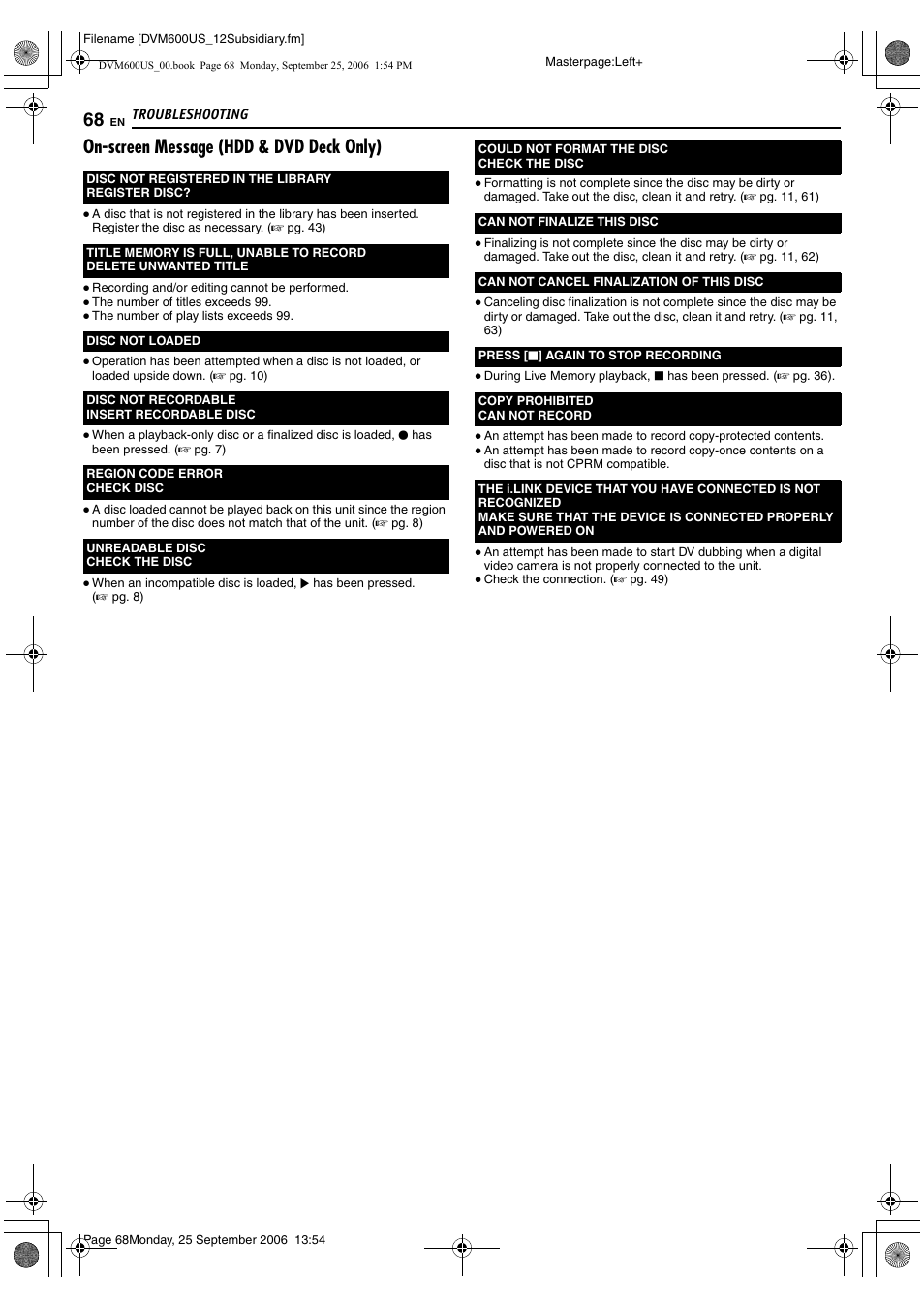 On-screen message (hdd & dvd deck only) | JVC SR- DVM600U User Manual | Page 68 / 72