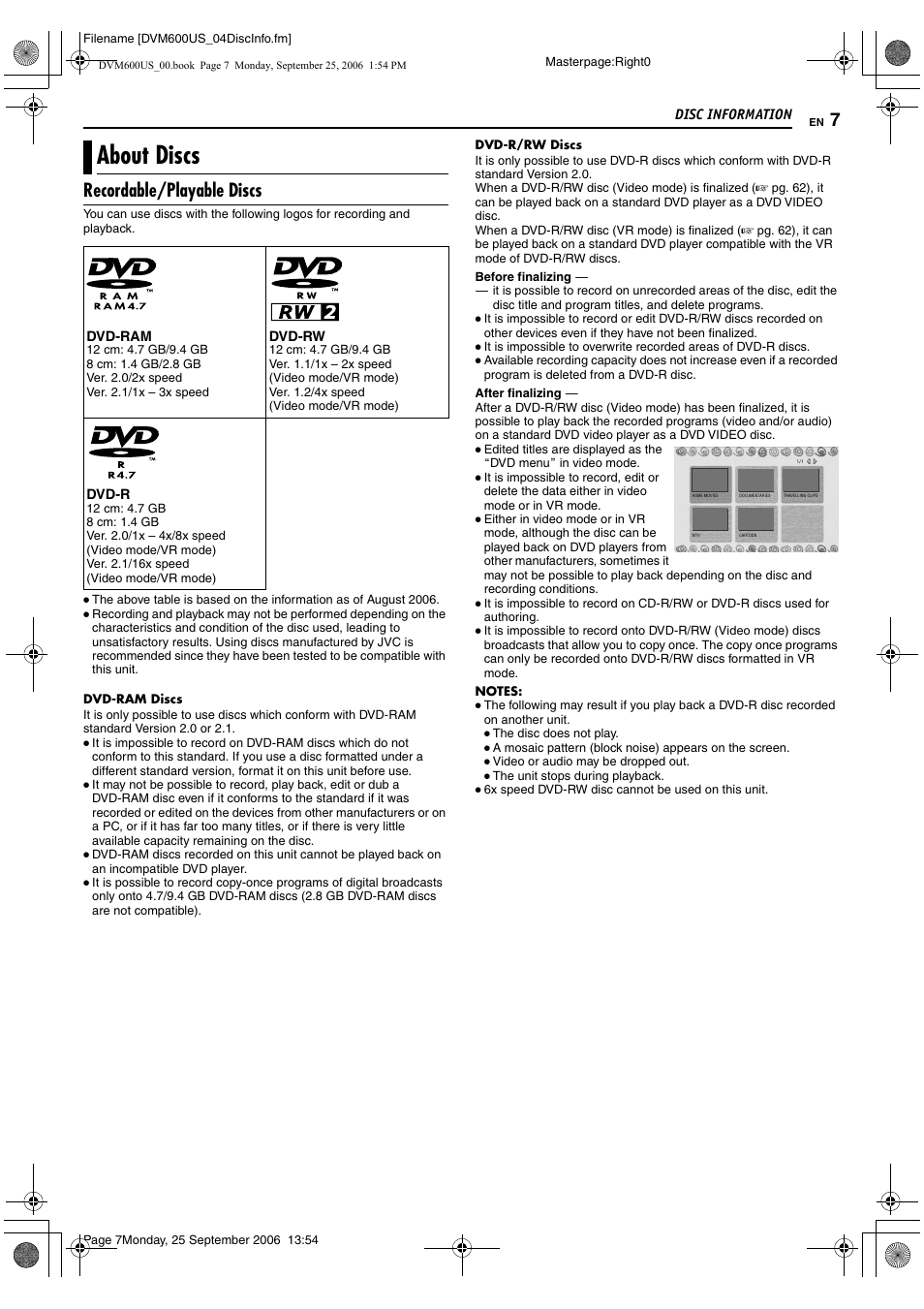 Disc information, About discs, Recordable/playable discs | JVC SR- DVM600U User Manual | Page 7 / 72
