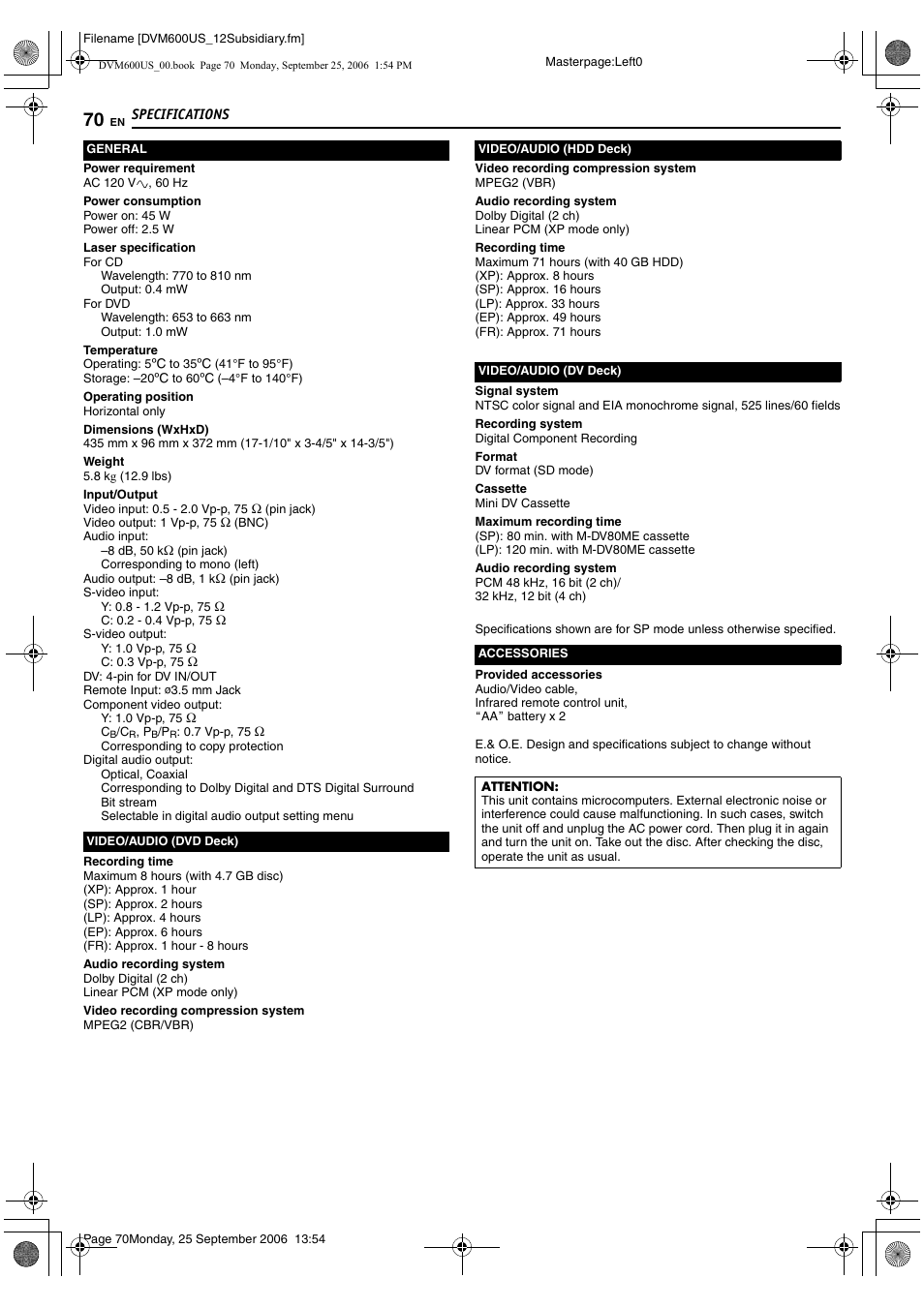 Specifications | JVC SR- DVM600U User Manual | Page 70 / 72