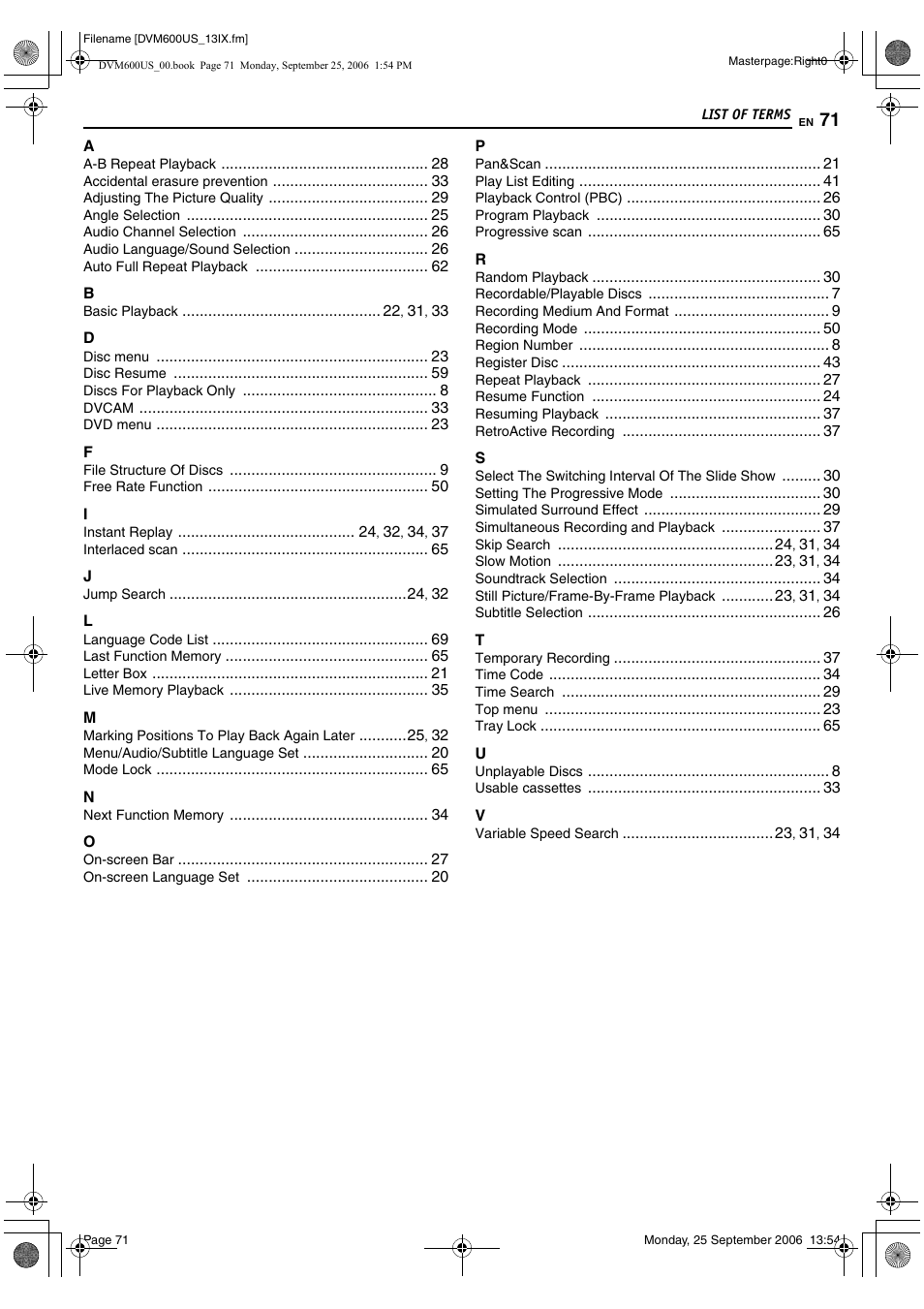 List of terms | JVC SR- DVM600U User Manual | Page 71 / 72