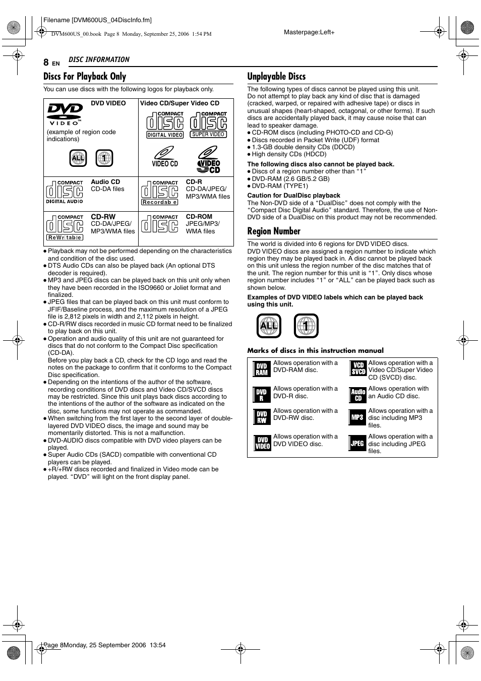 Discs for playback only, Unplayable discs, Region number | JVC SR- DVM600U User Manual | Page 8 / 72