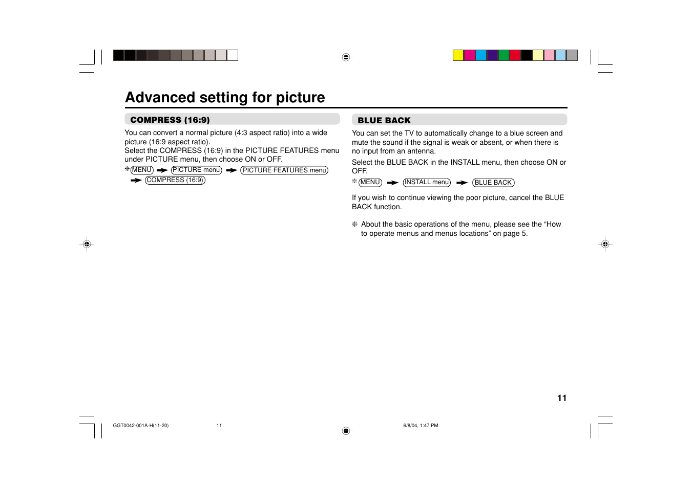 Advanced setting for picture | JVC AV-20NX14 User Manual | Page 11 / 24