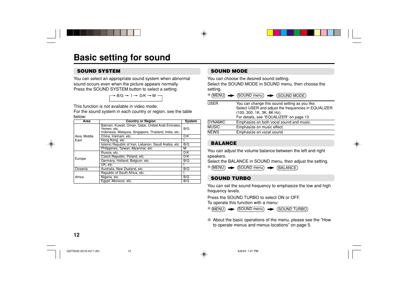 Basic setting for sound | JVC AV-20NX14 User Manual | Page 12 / 24