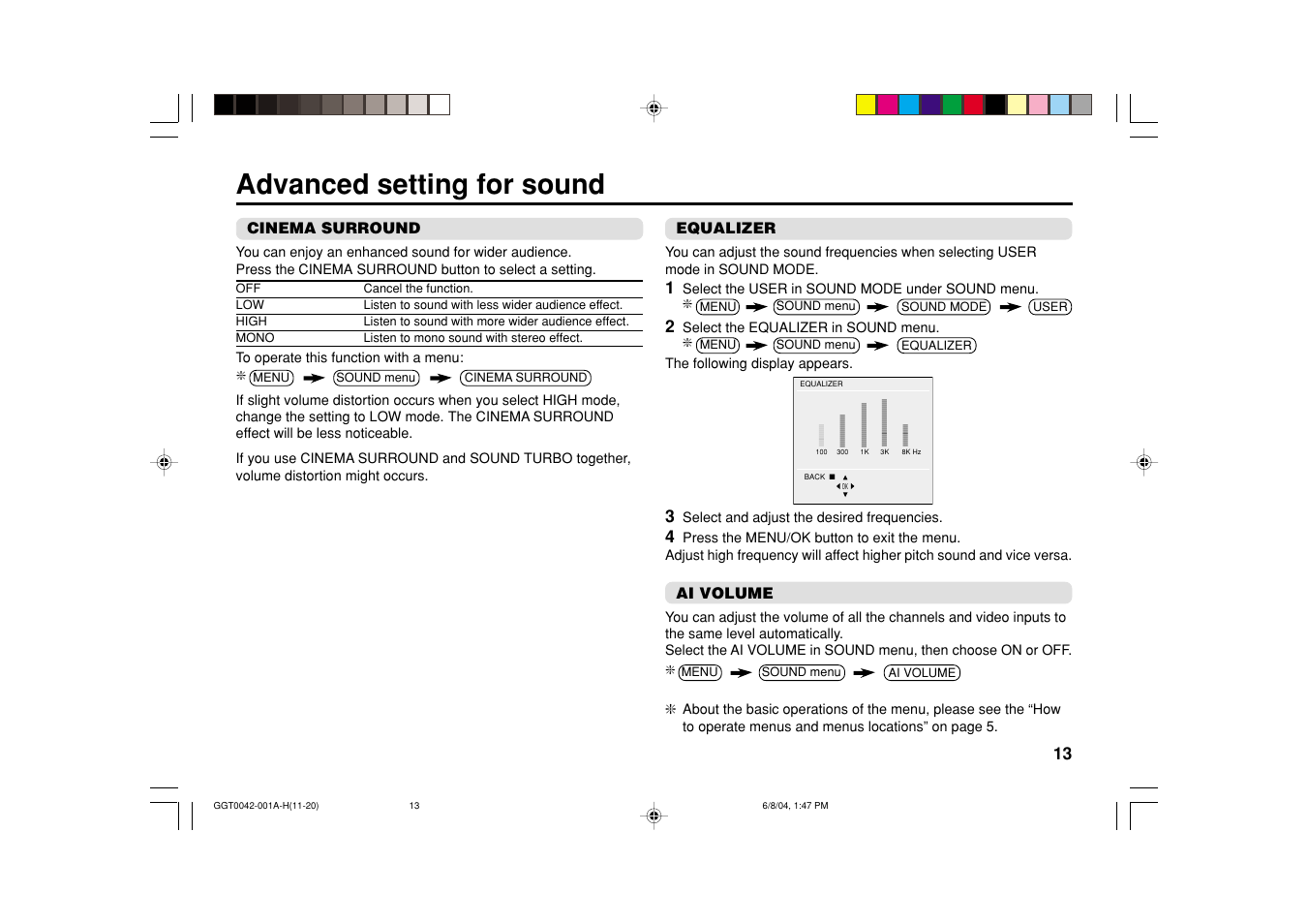 Advanced setting for sound | JVC AV-20NX14 User Manual | Page 13 / 24