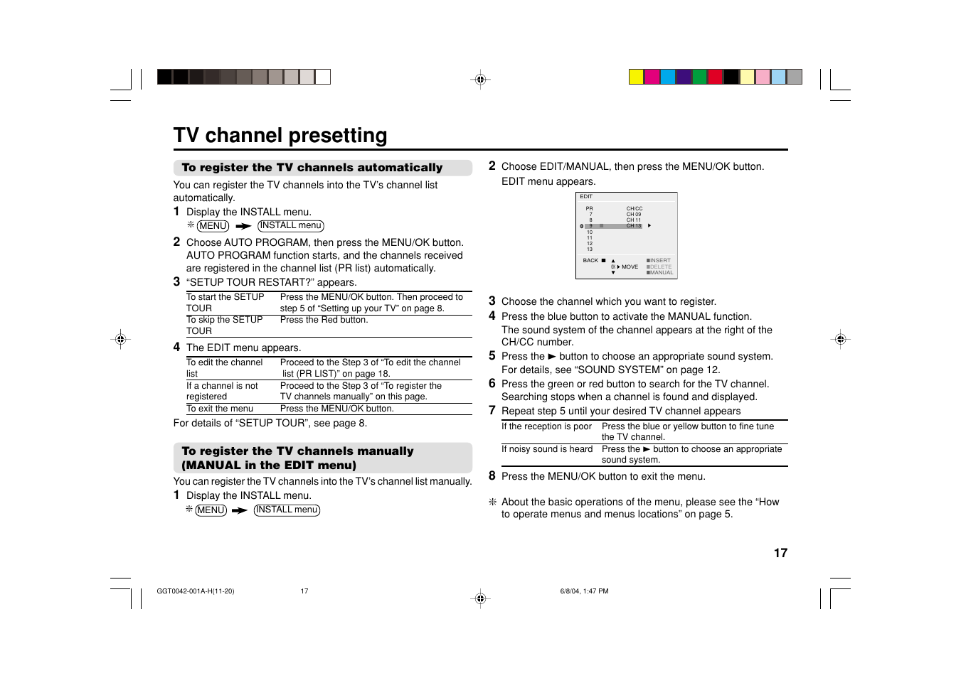 Tv channel presetting | JVC AV-20NX14 User Manual | Page 17 / 24