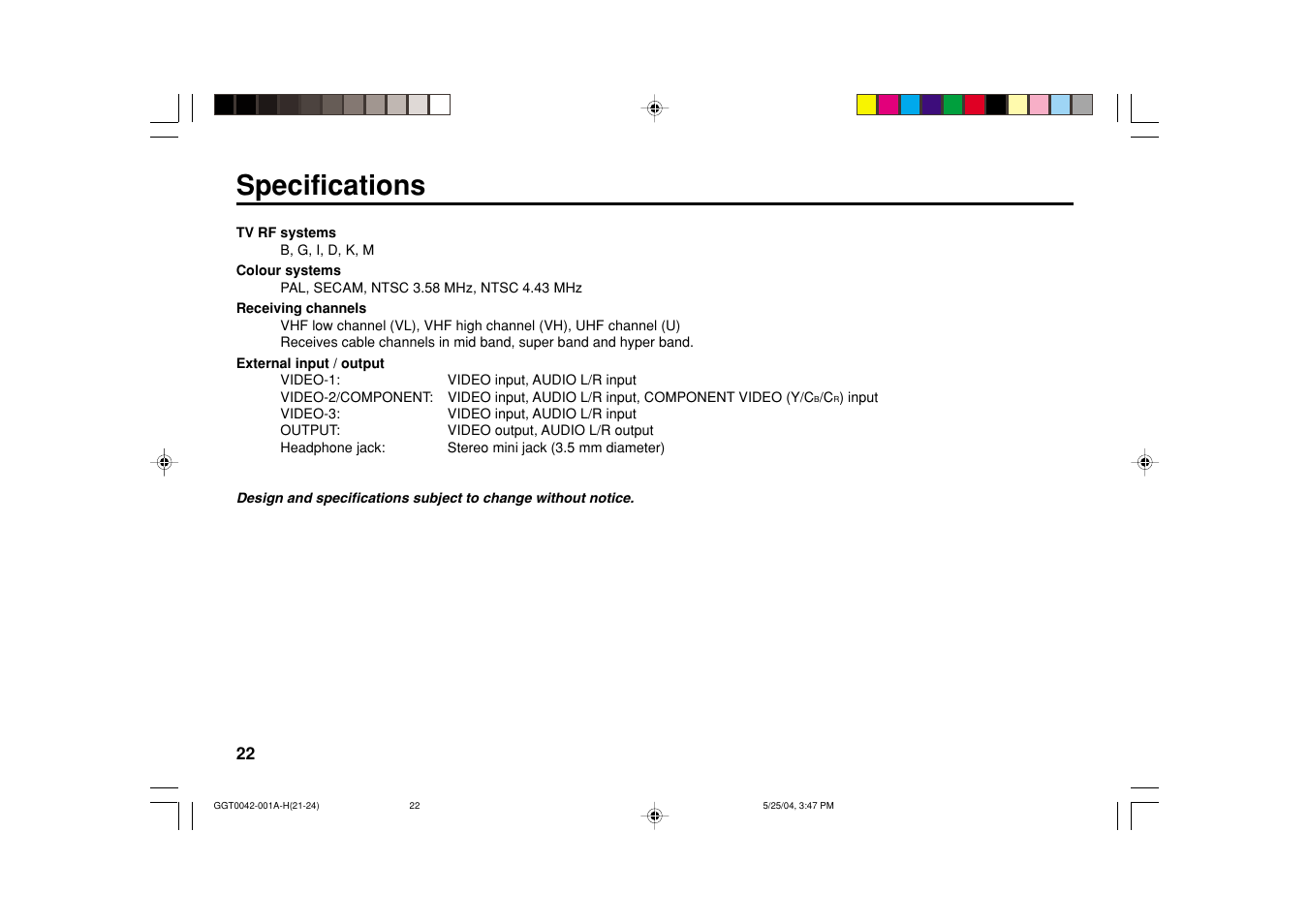 Specifications | JVC AV-20NX14 User Manual | Page 22 / 24