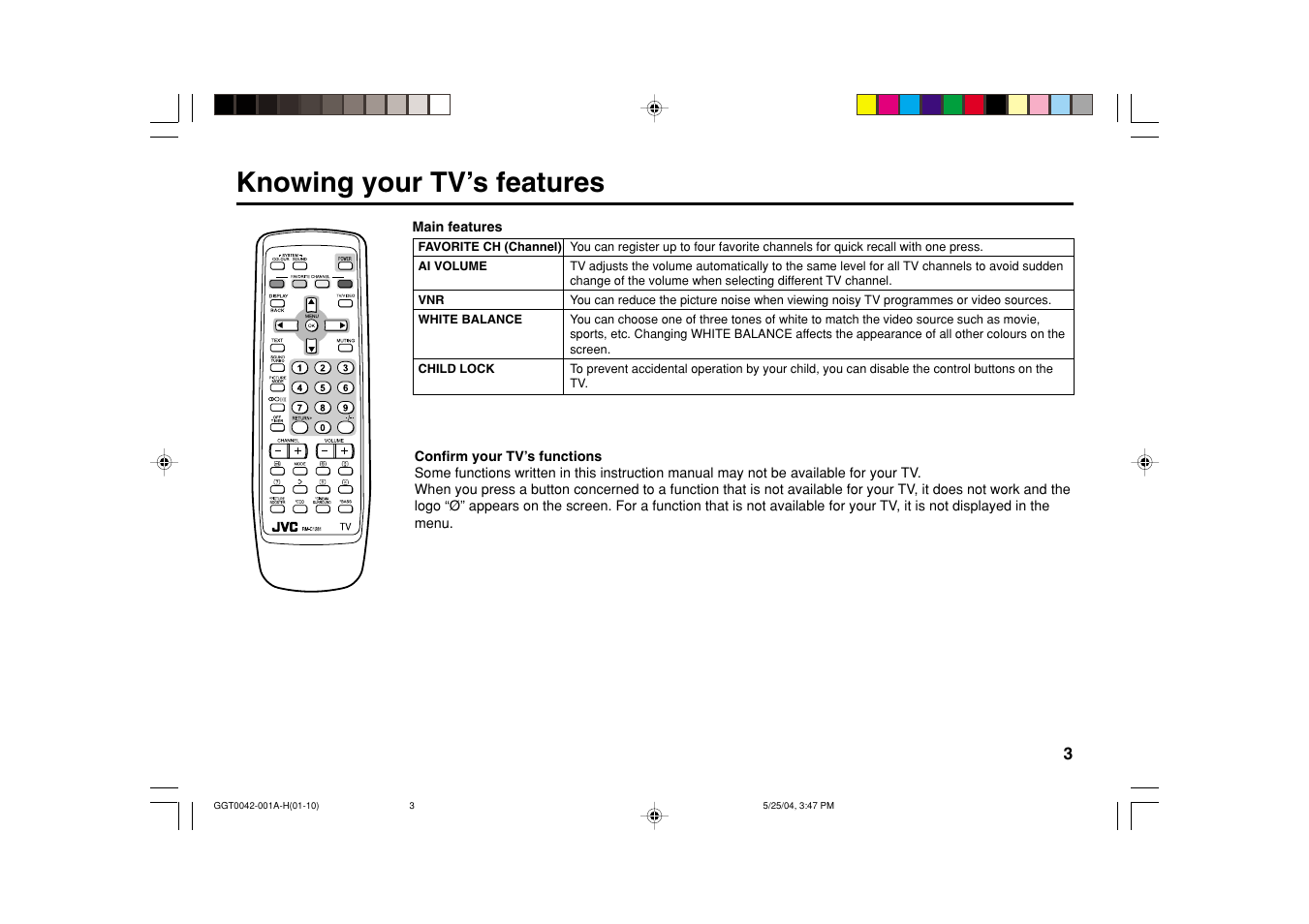 Knowing your tv’s features | JVC AV-20NX14 User Manual | Page 3 / 24
