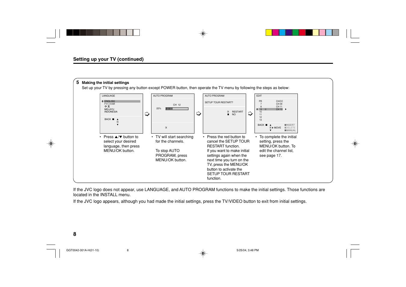 Setting up your tv (continued) | JVC AV-20NX14 User Manual | Page 8 / 24