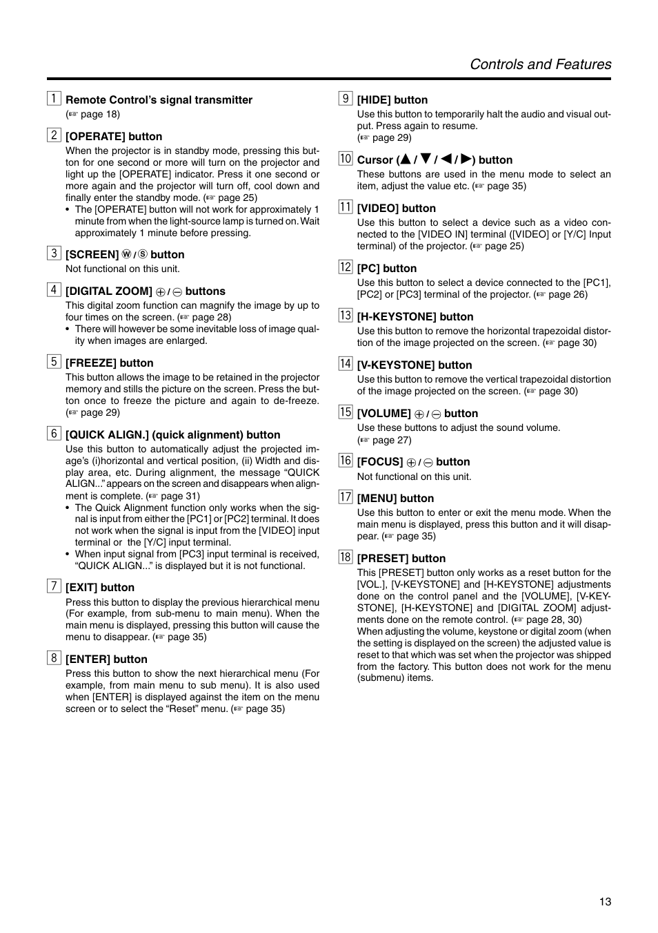 Controls and features | JVC DLA-HX2U User Manual | Page 13 / 62