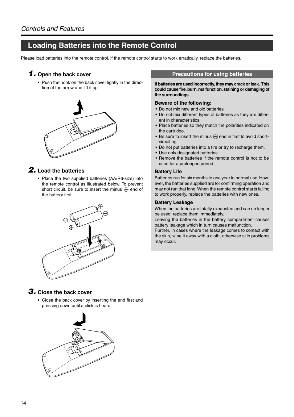 Loading batteries into the remote control, Controls and features | JVC DLA-HX2U User Manual | Page 14 / 62