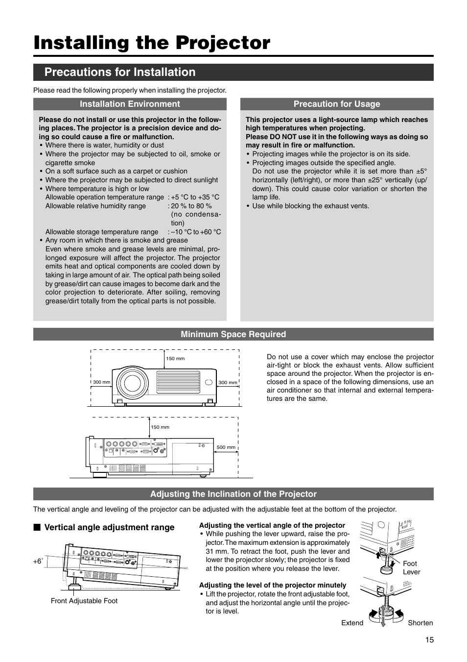 Installing the projector, Precautions for installation | JVC DLA-HX2U User Manual | Page 15 / 62