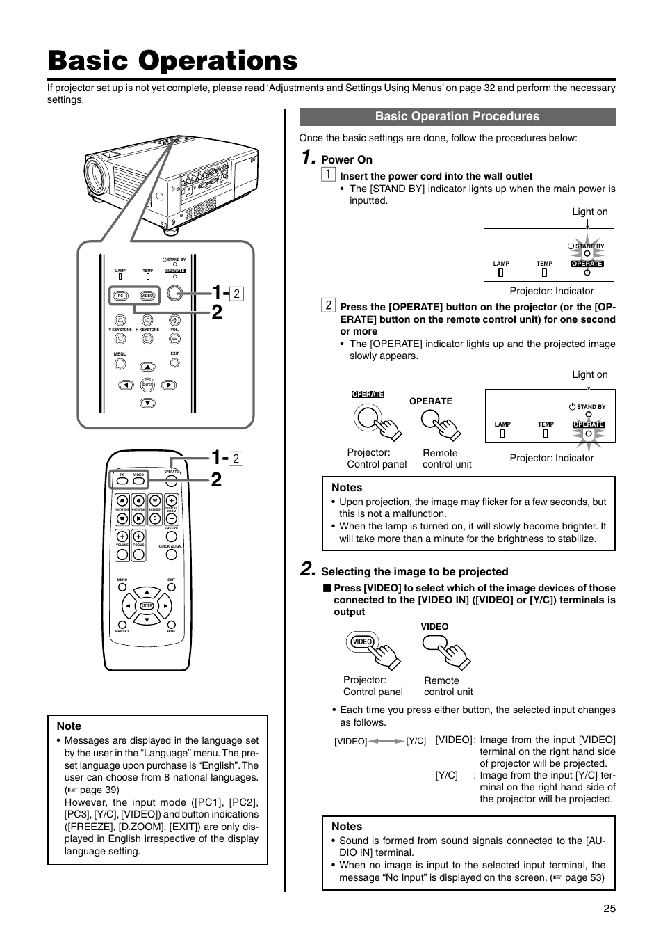 Basic operations, Basic operation procedures, Power on | Selecting the image to be projected | JVC DLA-HX2U User Manual | Page 25 / 62