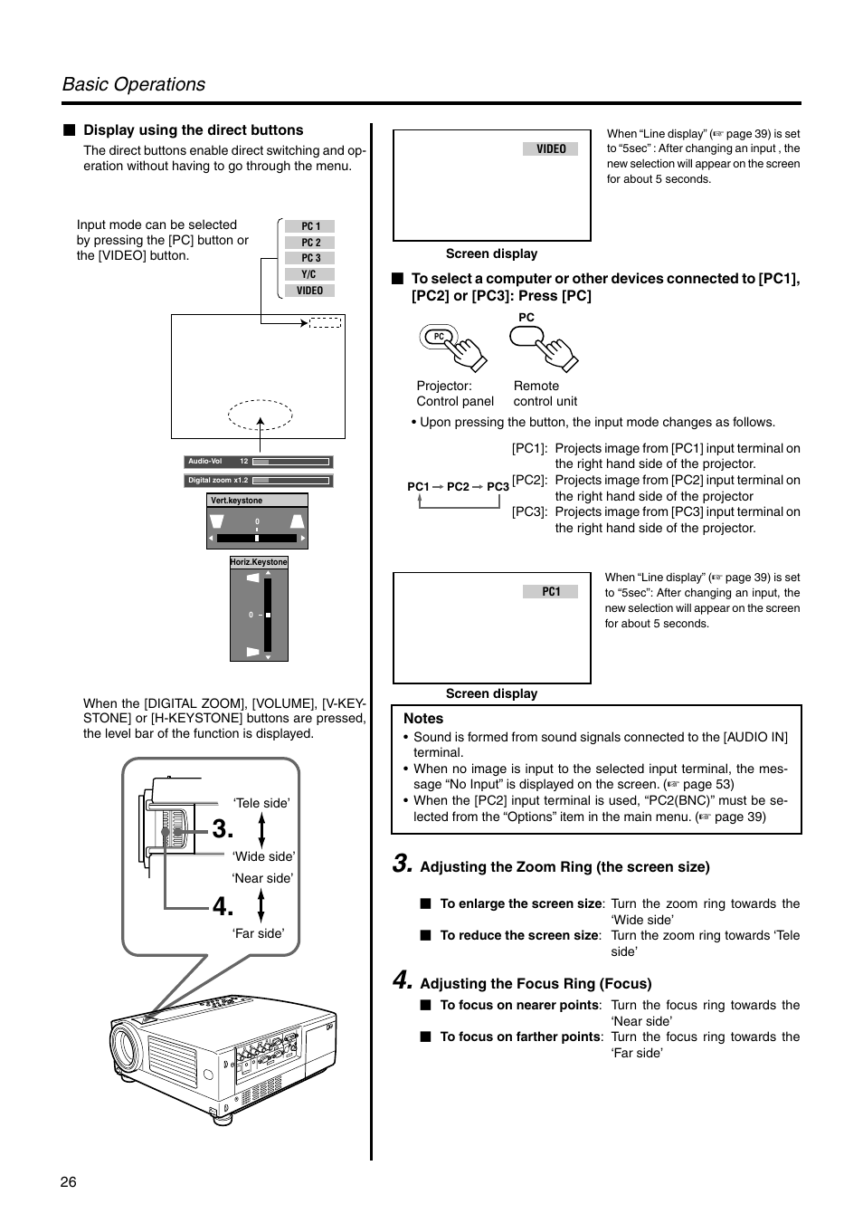 Adjusting the zoom ring (the screen size), Adjusting the focus ring (focus), Basic operations | JVC DLA-HX2U User Manual | Page 26 / 62