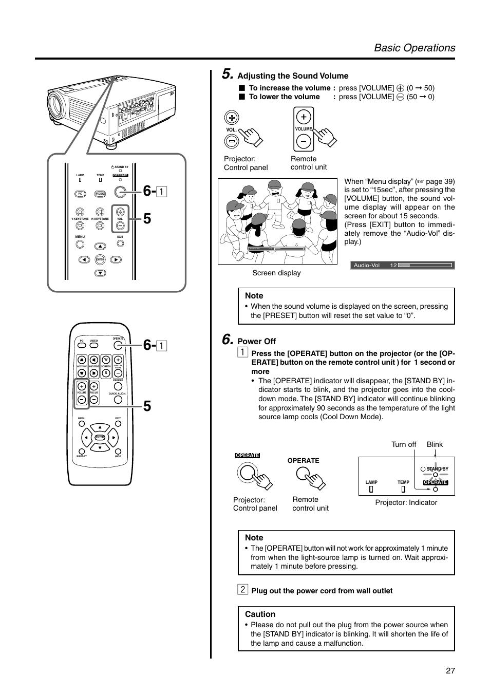 Adjusting the sound volume, Power off, Basic operations | Caution | JVC DLA-HX2U User Manual | Page 27 / 62