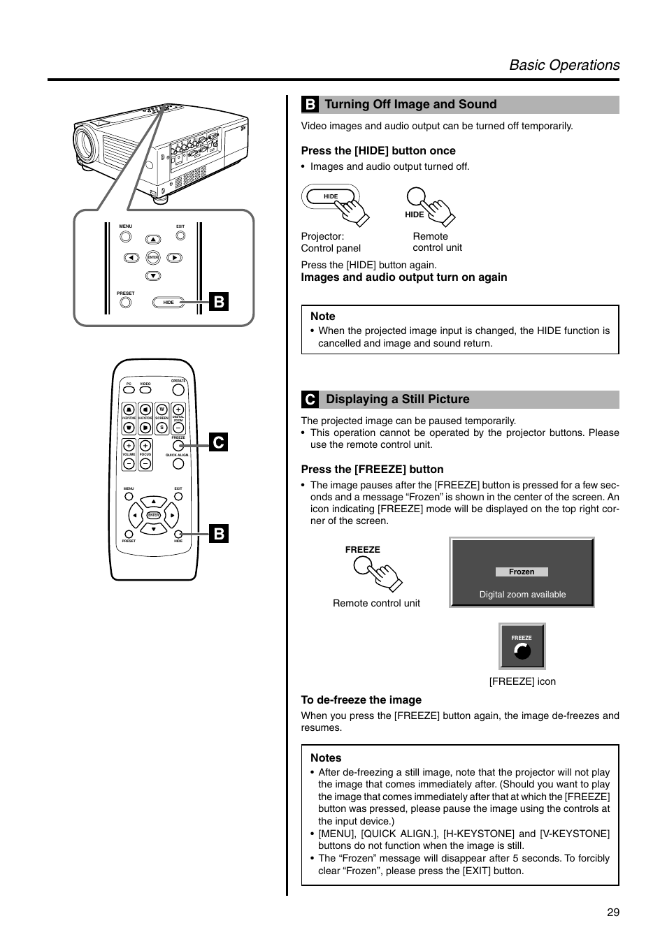 Turning off image and sound, Displaying a still picture, Basic operations | Press the [hide] button once, Press the [freeze] button | JVC DLA-HX2U User Manual | Page 29 / 62