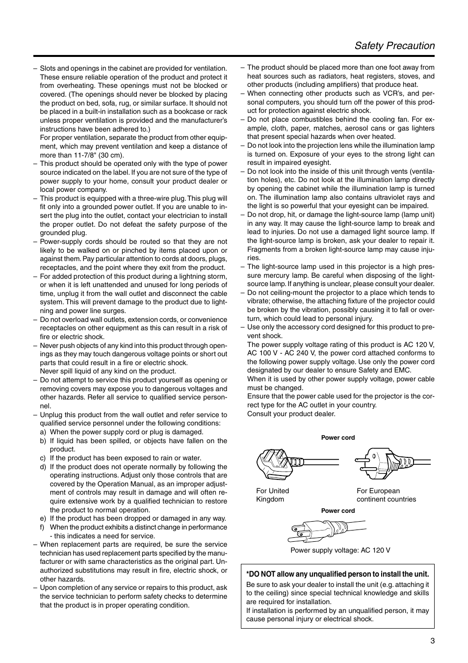 Safety precaution | JVC DLA-HX2U User Manual | Page 3 / 62