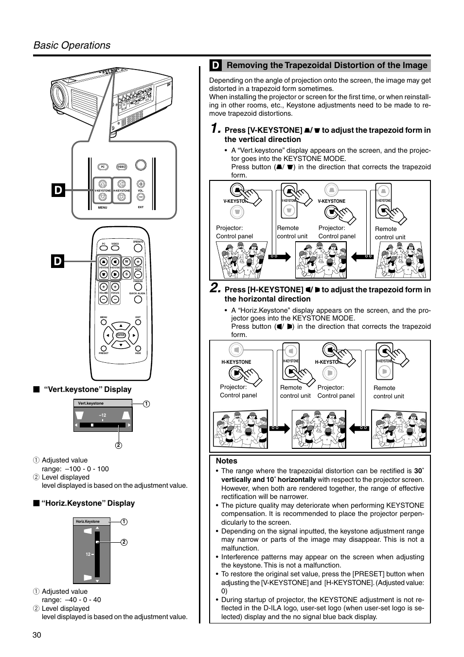 Removing the trapezoidal distortion of the image, Basic operations, 30 Ⅵ “vert.keystone” display | Horiz.keystone” display | JVC DLA-HX2U User Manual | Page 30 / 62