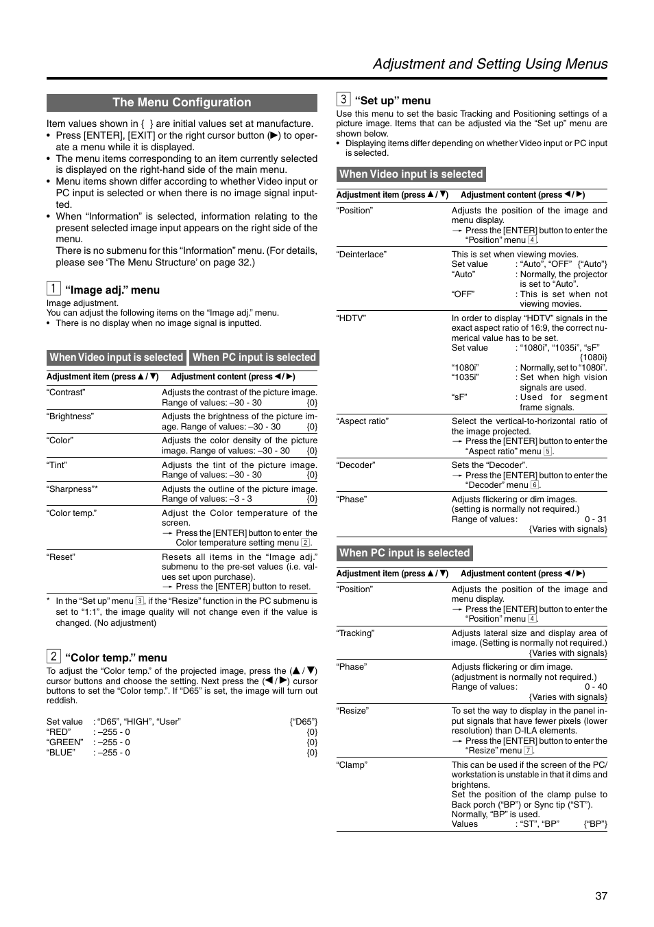 The menu configuration, 1 “image adj.” menu, 2 “color temp.” menu | 3 “set up” menu, Adjustment and setting using menus, Set up” menu, When video input is selected, When pc input is selected, Color temp.” menu, Image adj.” menu | JVC DLA-HX2U User Manual | Page 37 / 62