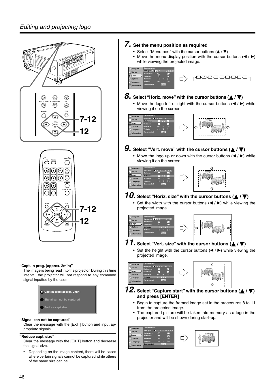 Editing and projecting logo, Set the menu position as required, Select “menu pos.” with the cursor buttons | While viewing the projected image, While viewing it on the screen, Move the logo up or down with the cursor buttons, Set the width with the cursor buttons, Set the height with the cursor buttons | JVC DLA-HX2U User Manual | Page 46 / 62