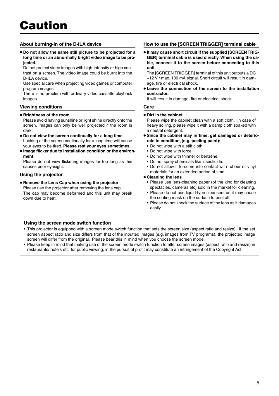 Caution | JVC DLA-HX2U User Manual | Page 5 / 62