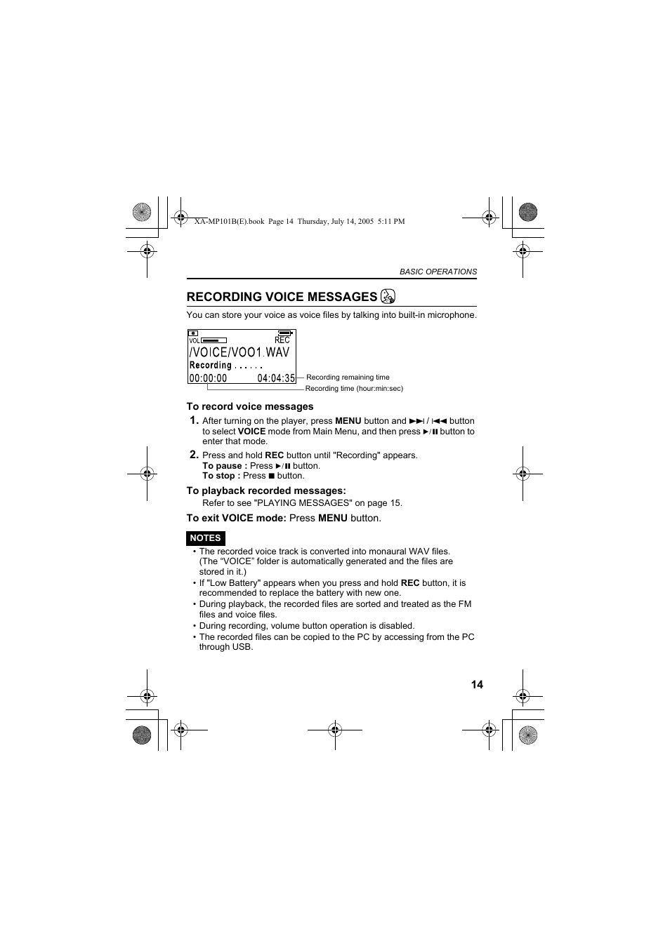 Recording voice messages | JVC XA-MP51S User Manual | Page 15 / 40