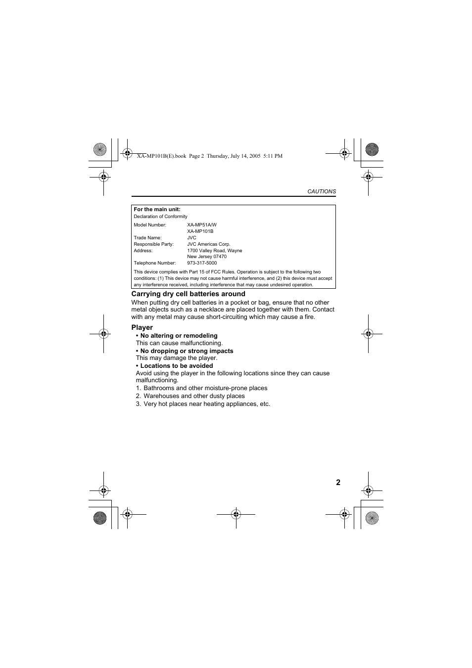 Carrying dry cell batteries around, Player | JVC XA-MP51S User Manual | Page 3 / 40
