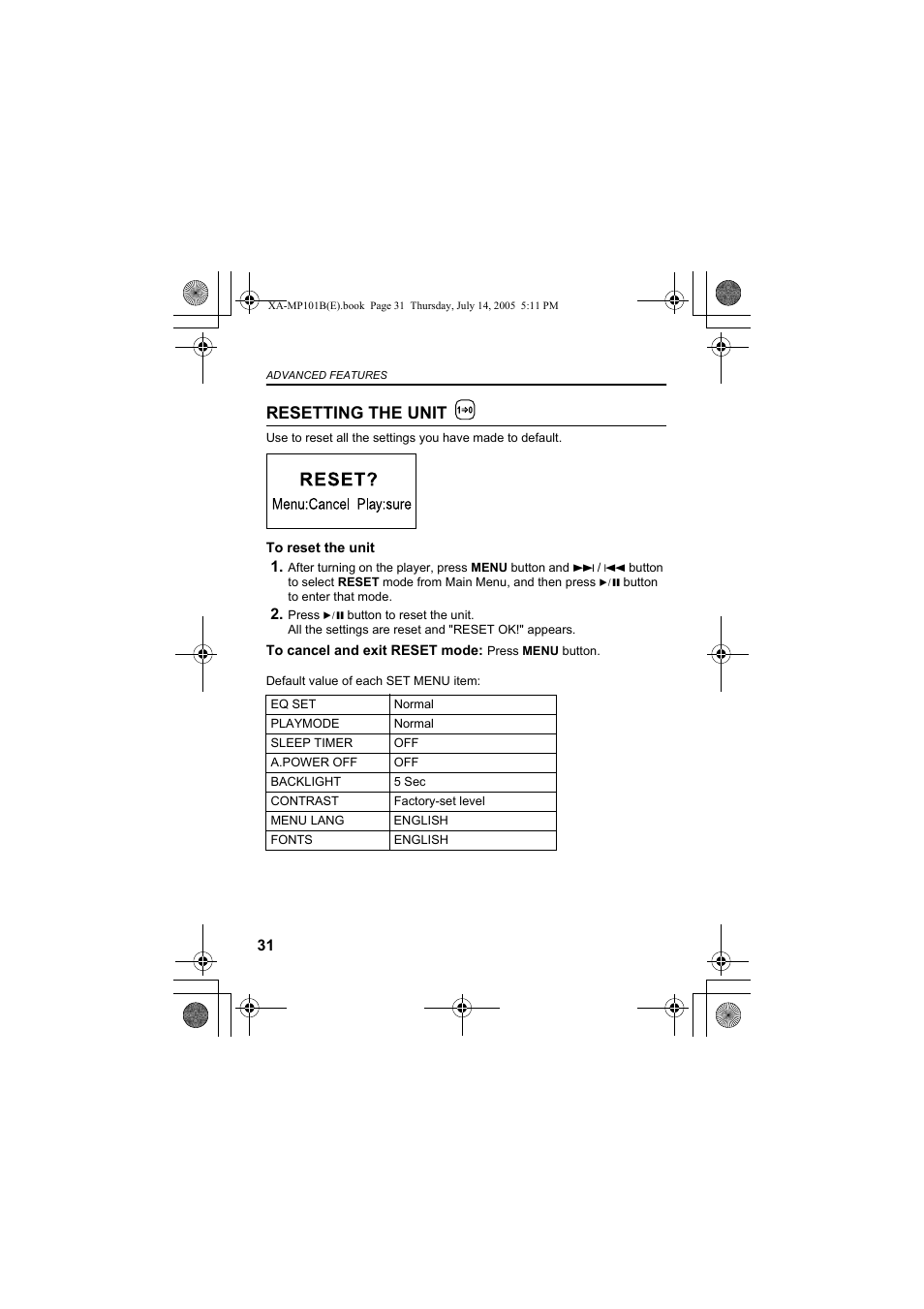 Resetting the unit | JVC XA-MP51S User Manual | Page 32 / 40