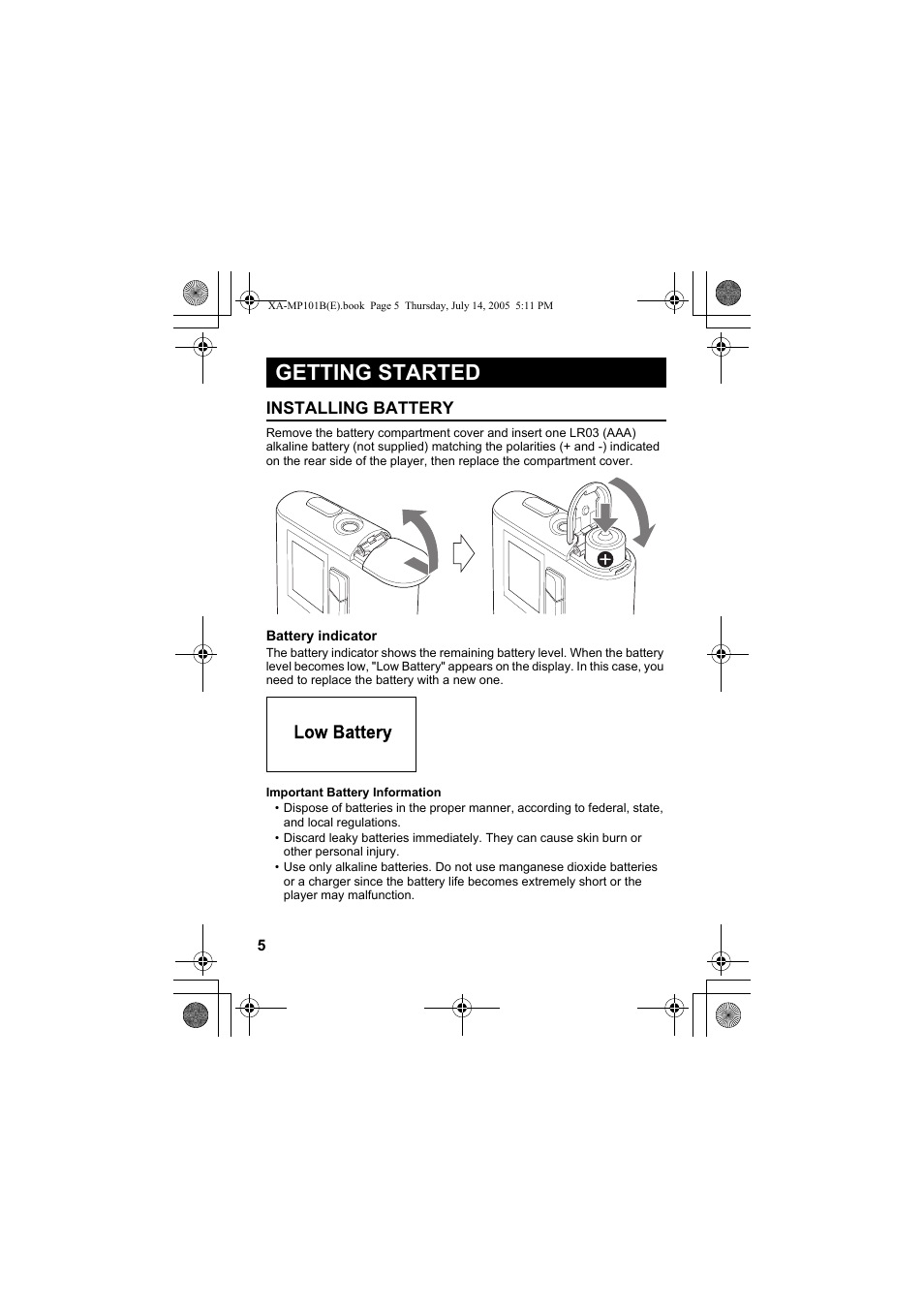 Getting started, Installing battery | JVC XA-MP51S User Manual | Page 6 / 40