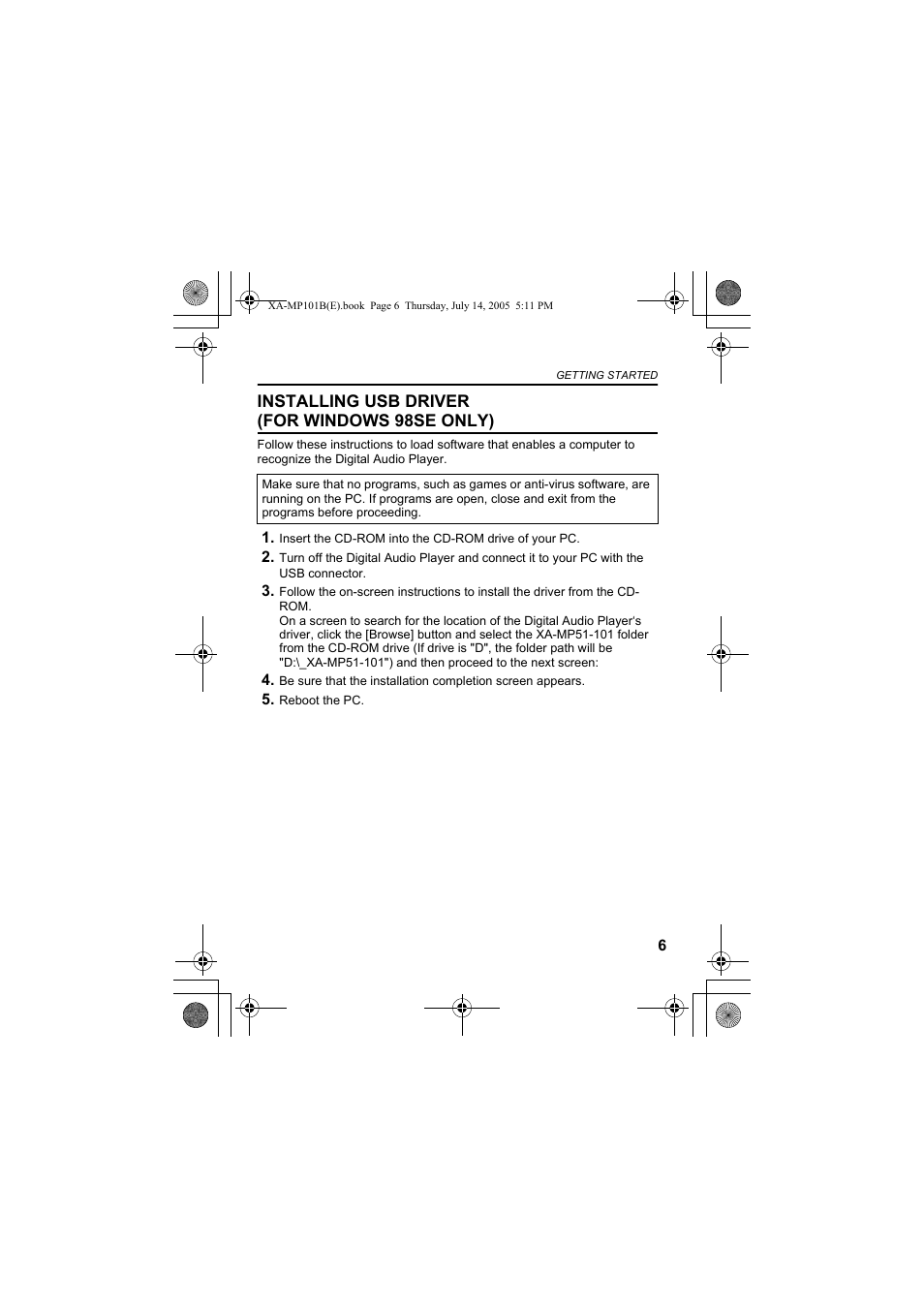 Installing usb driver (for windows 98se only) | JVC XA-MP51S User Manual | Page 7 / 40