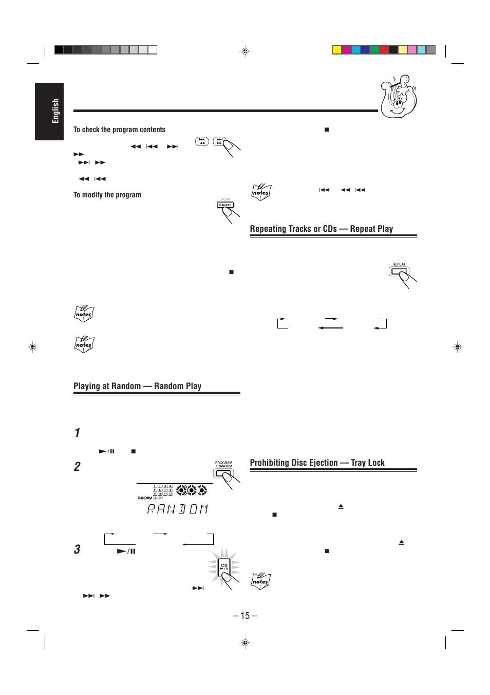 Repeating tracks or cds — repeat play, Prohibiting disc ejection — tray lock, Playing at random — random play | JVC COMPACT COMPONENT SYSTEM CA-MXJ900 User Manual | Page 20 / 32