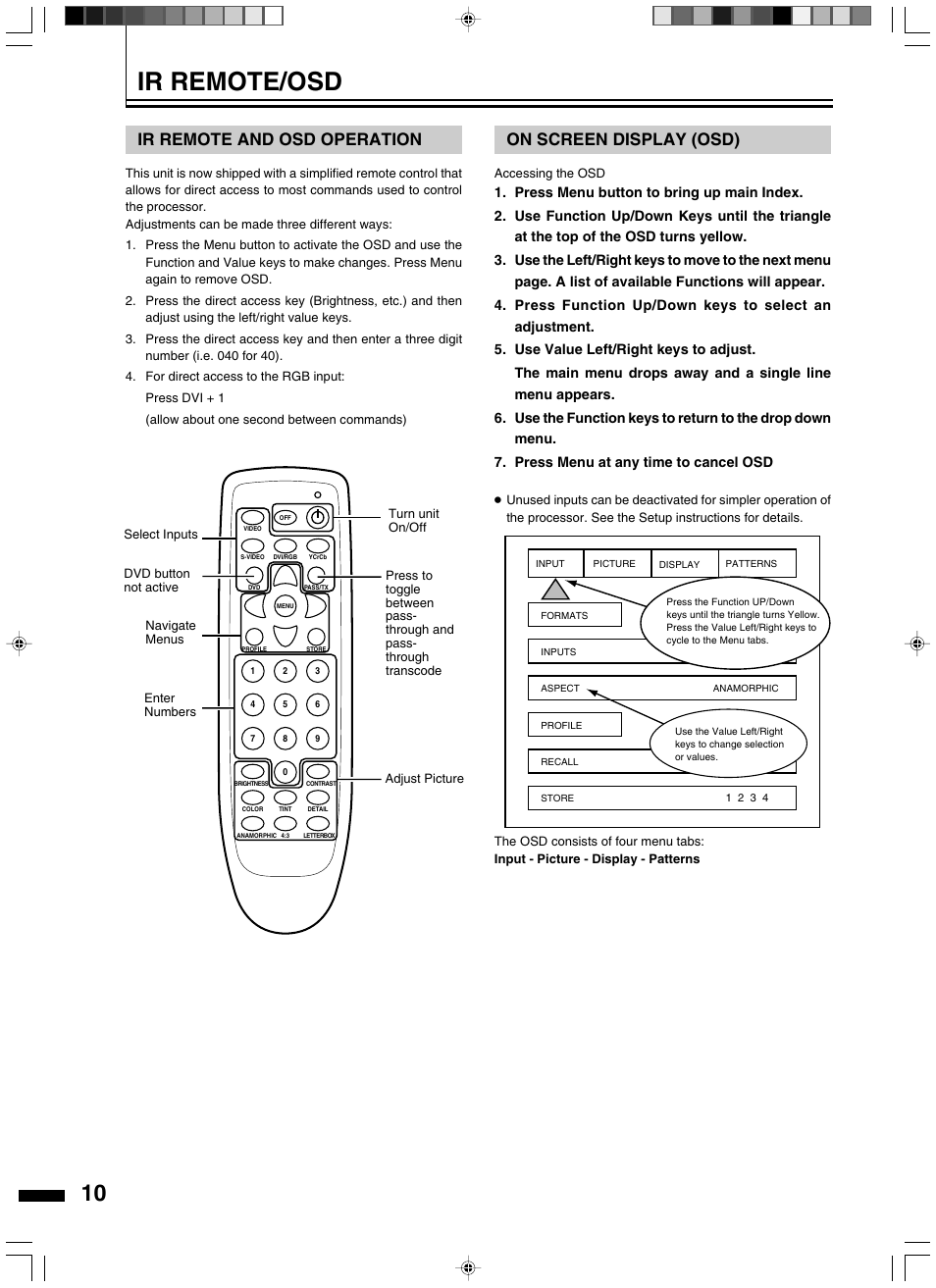 Ir remote/osd, On screen display (osd), Ir remote and osd operation | JVC LD-HD2KE User Manual | Page 10 / 20