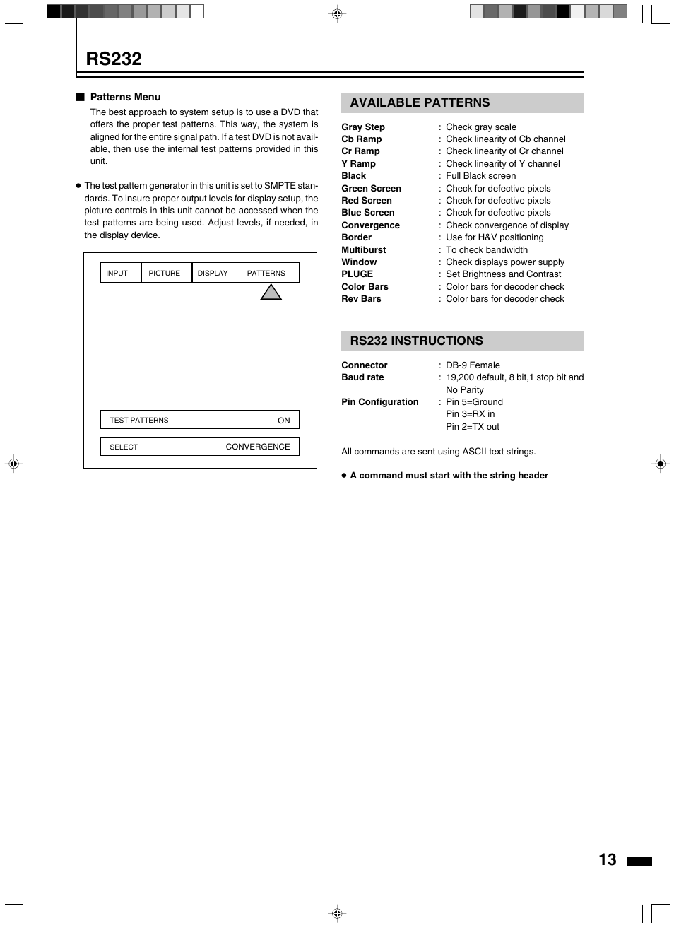 Rs232, Available patterns, Rs232 instructions | JVC LD-HD2KE User Manual | Page 13 / 20