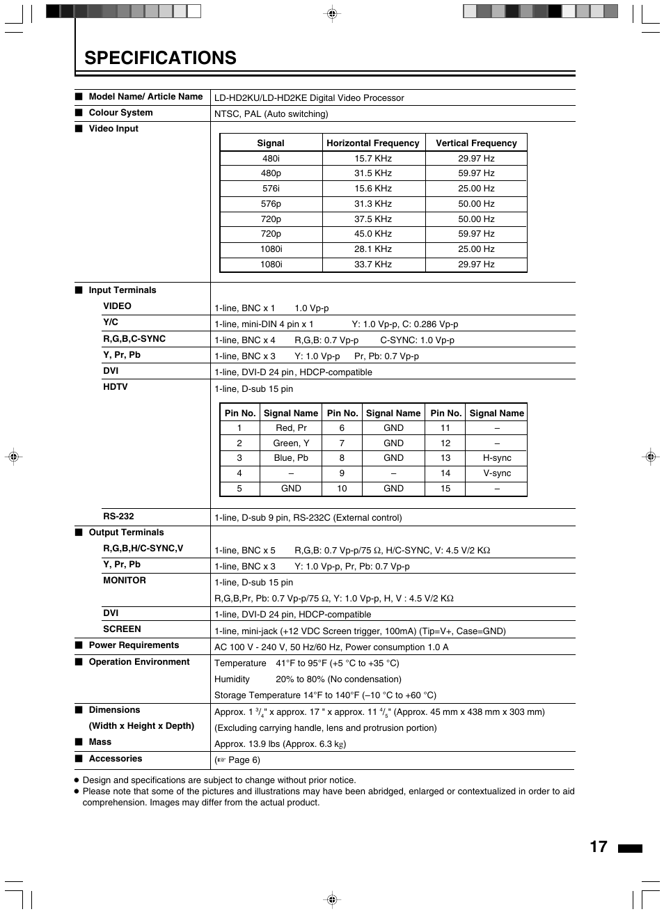 Specifications | JVC LD-HD2KE User Manual | Page 17 / 20