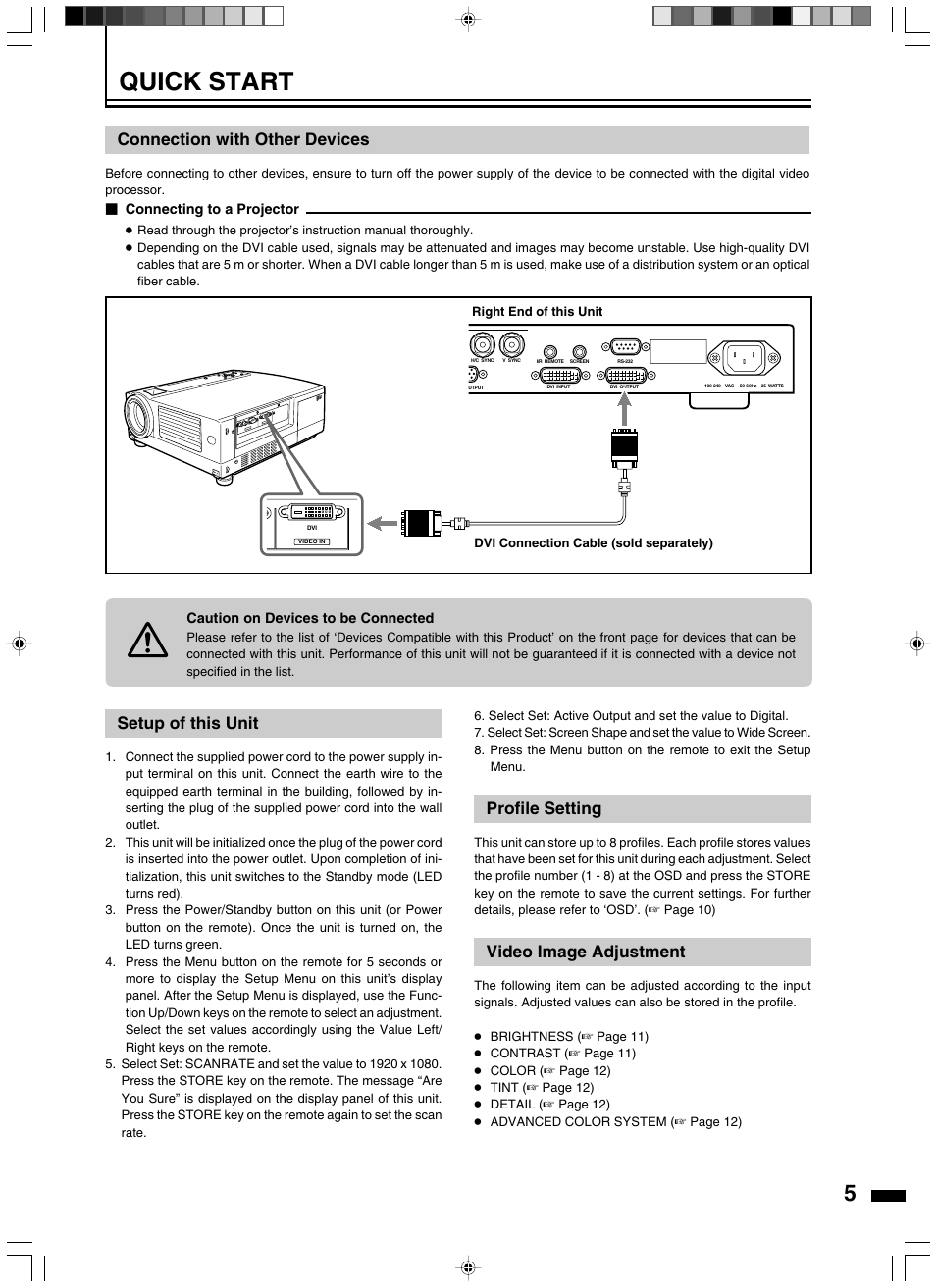 Quick start, Connection with other devices, Setup of this unit | Profile setting, Video image adjustment | JVC LD-HD2KE User Manual | Page 5 / 20